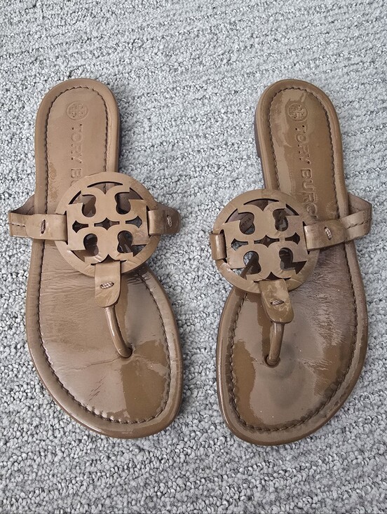 Tory Burch Shoes - Tory Burch Miller Patent Leather Logo Sandals in Tan Msrp $200